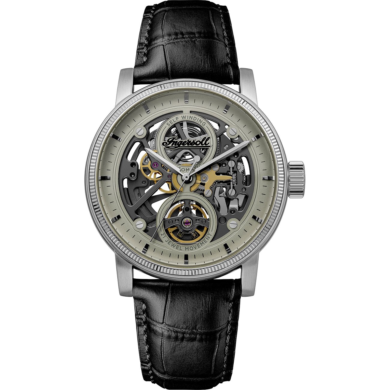 Eine Ingersoll Herrenuhr aus Edelstahl mit schwarzem Lederarmband und offenem Uhrwerk, das die Mechanik zeigt.