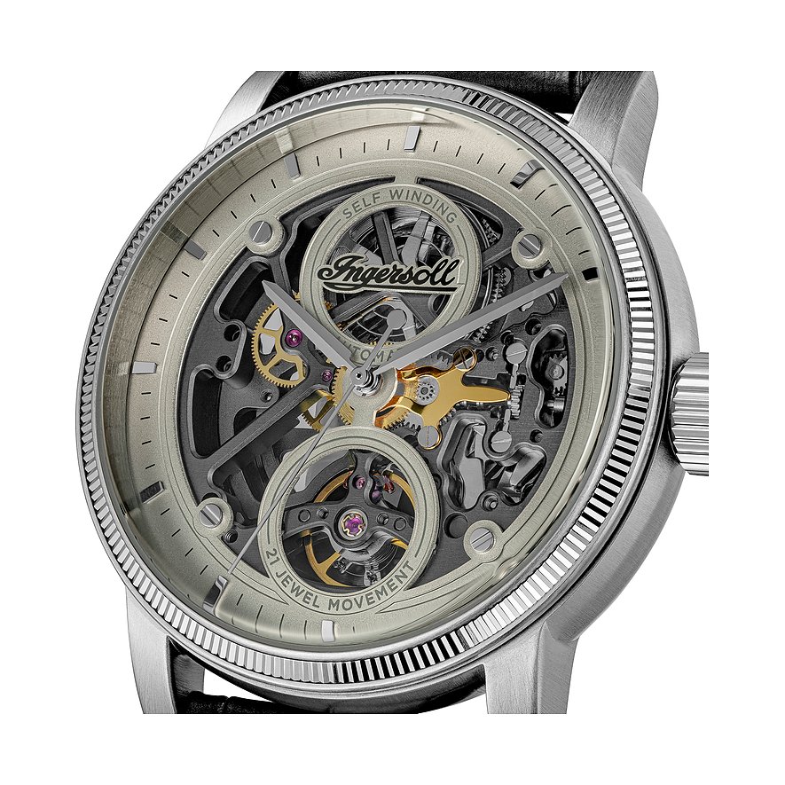 Nahaufnahme einer Ingersoll Herrenuhr aus Edelstahl mit Skelettzifferblatt und goldenen Zahnrädern.