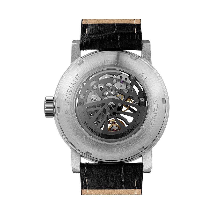 Rückansicht der Ingersoll Herrenuhr aus Edelstahl mit einem Blick auf das transparente Uhrwerk und den Gehäuseboden.