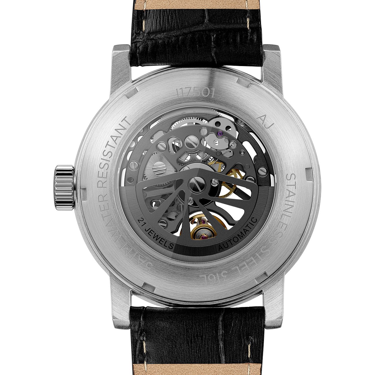 Rückansicht der Ingersoll Herrenuhr aus Edelstahl mit einem Blick auf das transparente Uhrwerk und den Gehäuseboden.