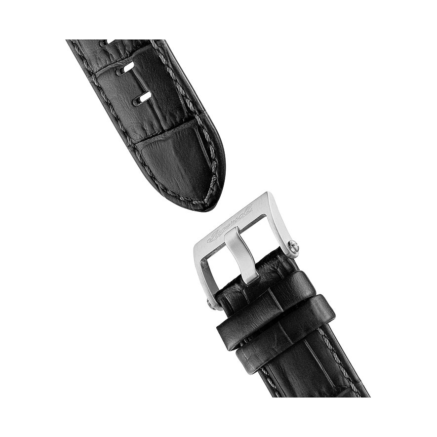 Nahaufnahme der Dornschließe und des schwarzen Kroko-Lederarmbands der Ingersoll Herrenuhr aus Edelstahl.