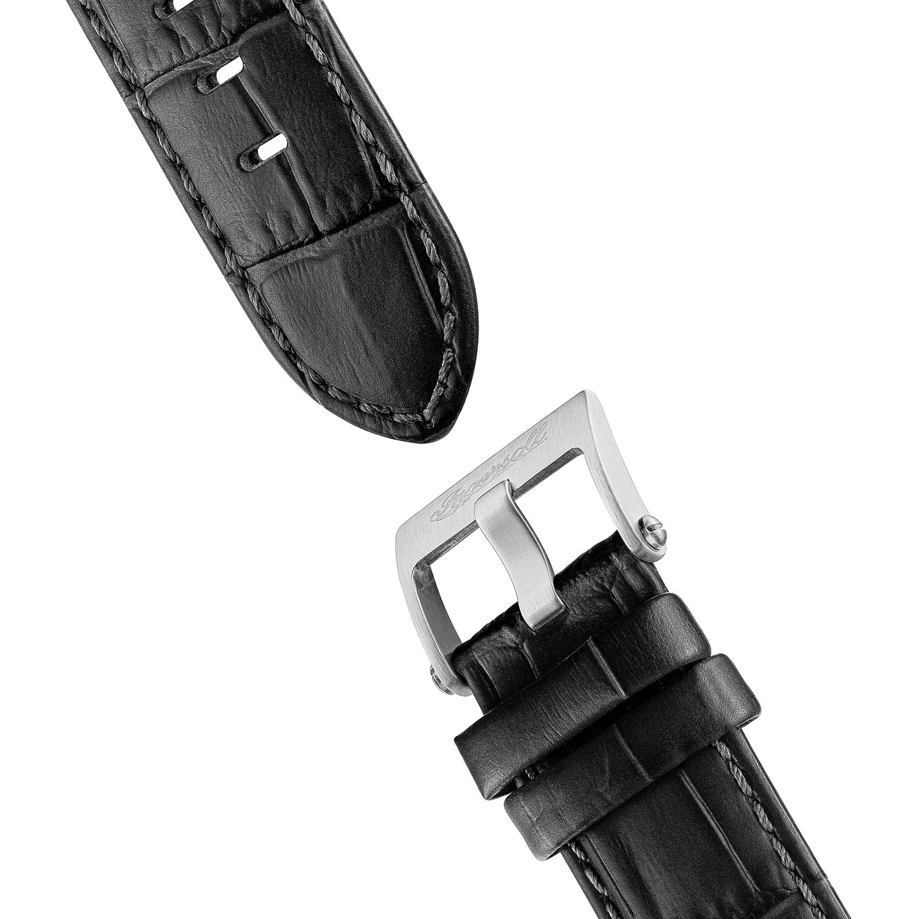 Nahaufnahme der Dornschließe und des schwarzen Kroko-Lederarmbands der Ingersoll Herrenuhr aus Edelstahl.