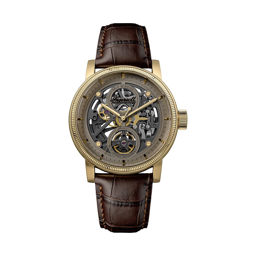 Eine Ingersoll Herrenuhr aus goldfarbenem Edelstahl mit dunkelbraunem Lederarmband und sichtbarem Uhrwerk