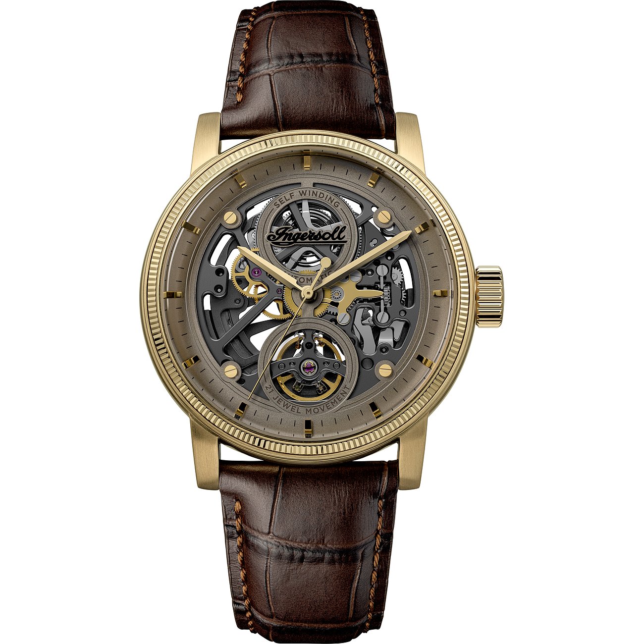 Eine Ingersoll Herrenuhr aus goldfarbenem Edelstahl mit dunkelbraunem Lederarmband und sichtbarem Uhrwerk