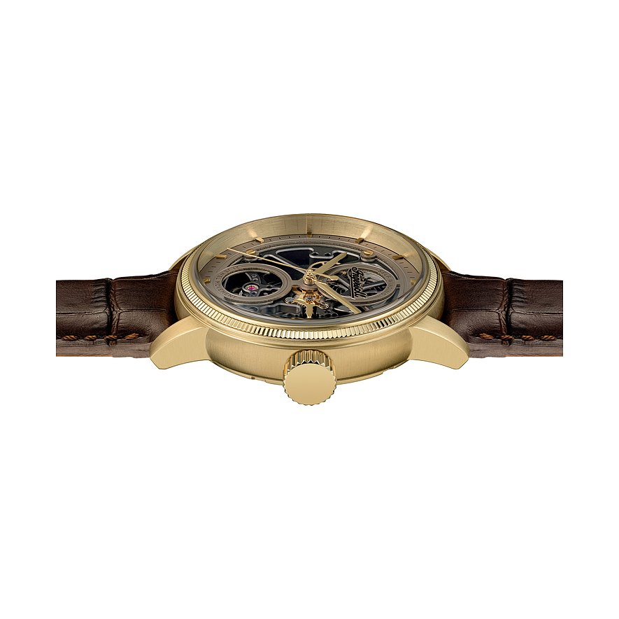Seitenansicht der Ingersoll Herrenuhr aus goldfarbenem Edelstahl mit dunkelbraunem Armband und sichtbarem Uhrwerk.