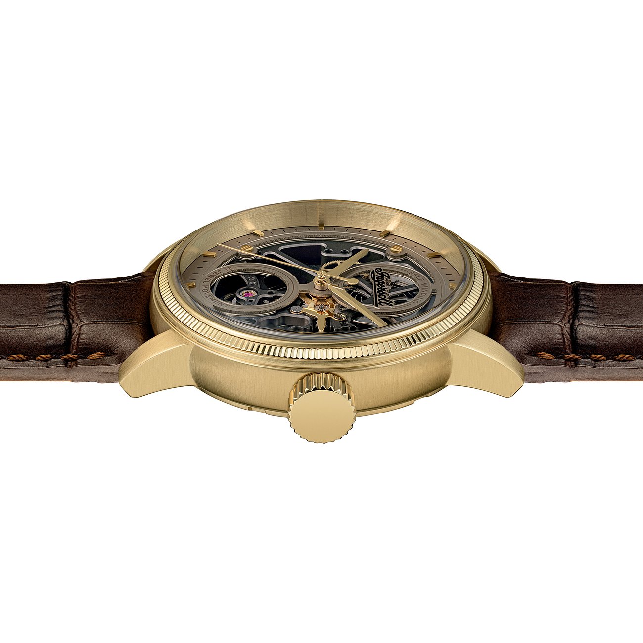 Seitenansicht der Ingersoll Herrenuhr aus goldfarbenem Edelstahl mit dunkelbraunem Armband und sichtbarem Uhrwerk.
