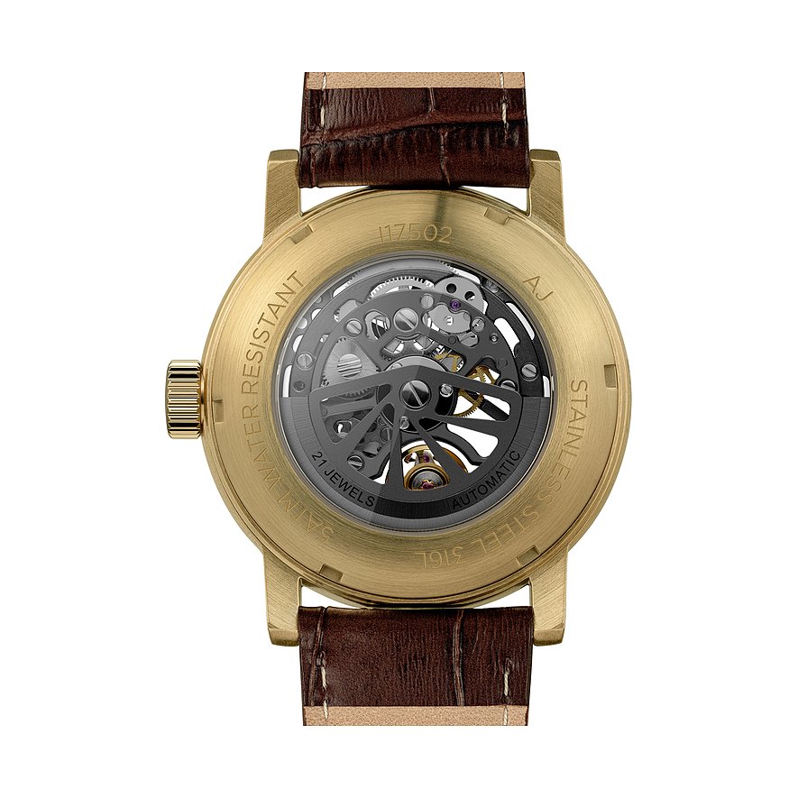 Rückansicht der Ingersoll Herrenuhr aus goldfarbenem Edelstahl mit freiliegendem mechanischem Uhrwerk.