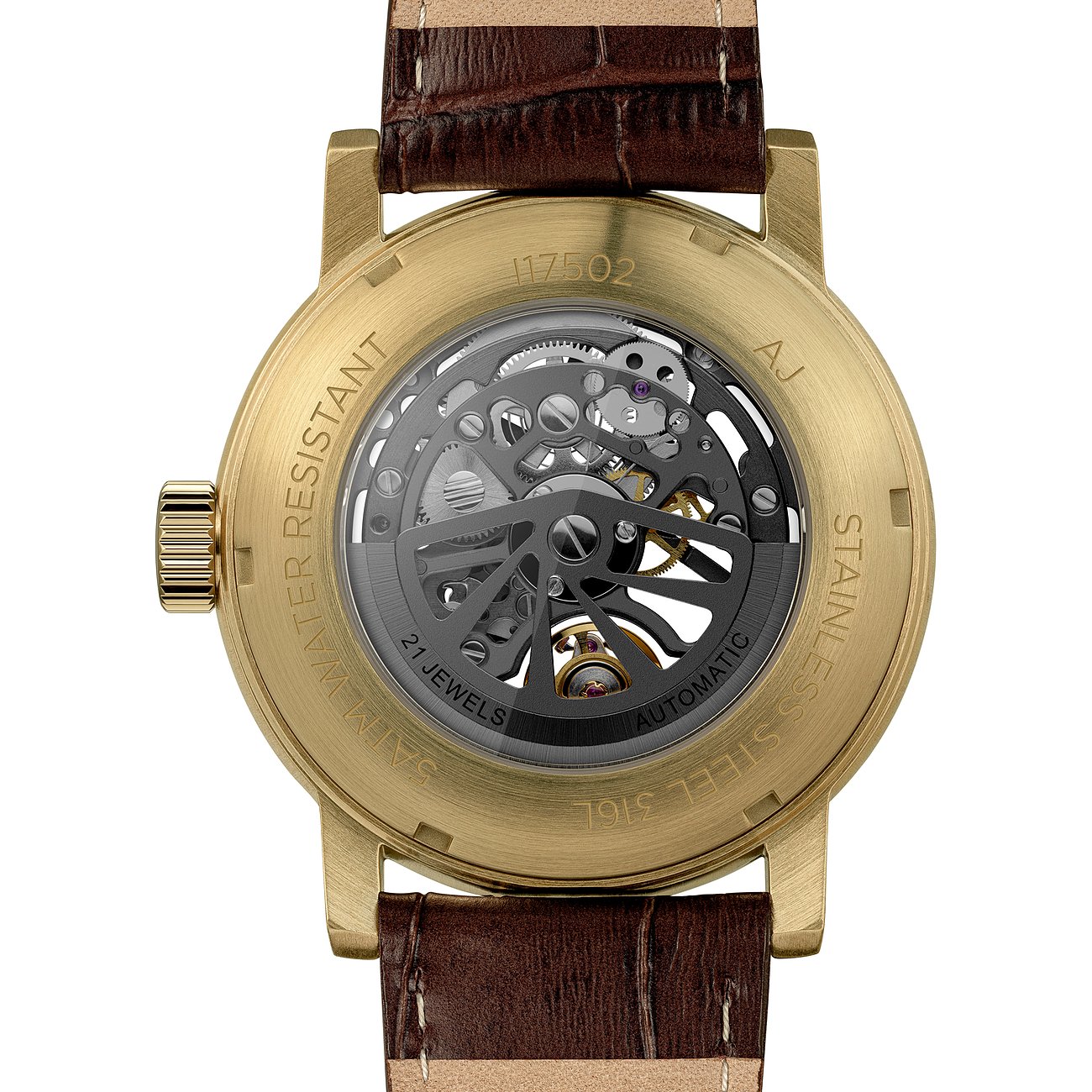 Rückansicht der Ingersoll Herrenuhr aus goldfarbenem Edelstahl mit freiliegendem mechanischem Uhrwerk.