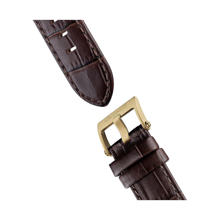 Nahaufnahme des Ingersoll Herrenuhren-Armbands aus braunem Krokoprägung-Leder und einer goldenen Edelstahlschließe