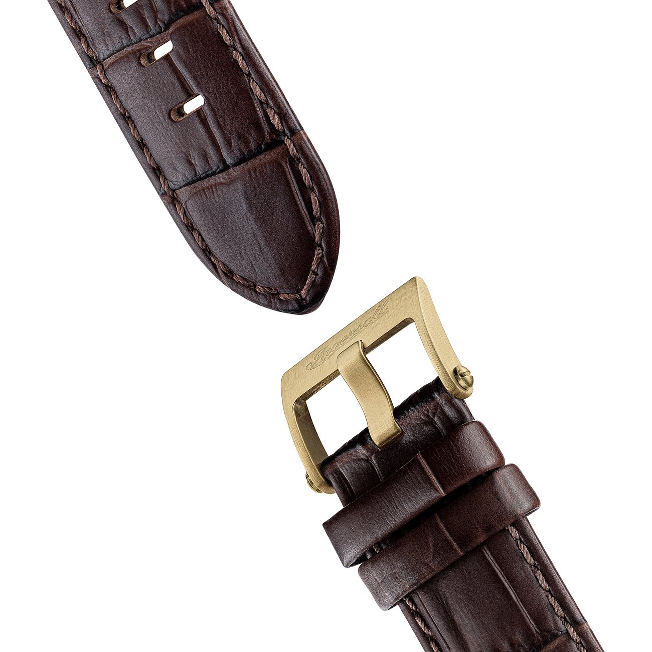 Nahaufnahme des Ingersoll Herrenuhren-Armbands aus braunem Krokoprägung-Leder und einer goldenen Edelstahlschließe