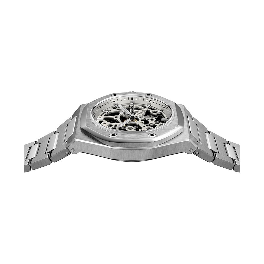 Seitenansicht der Ingersoll Herrenuhr aus Edelstahl mit Skelettzifferblatt und silberfarbenen Zeigern.