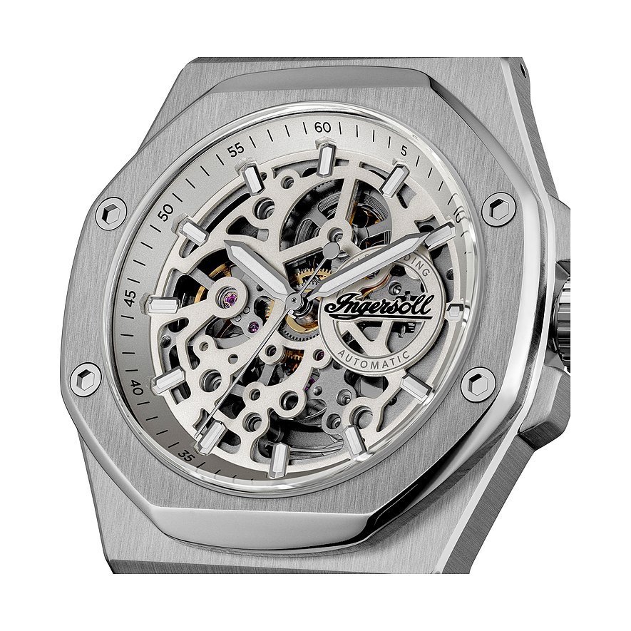 Nahaufnahme einer Ingersoll Herrenuhr aus Edelstahl mit Skelettzifferblatt und sichtbarem Uhrwerk.