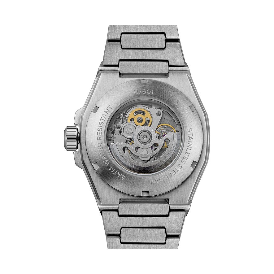 Rückseite einer Ingersoll Herrenuhr aus Edelstahl, mit Fenster, das die mechanischen Zahnräder und Bewegung zeigt.
