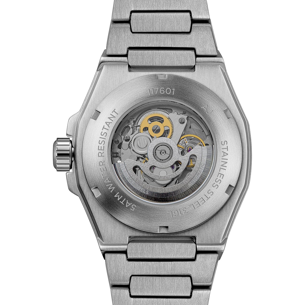 Rückseite einer Ingersoll Herrenuhr aus Edelstahl, mit Fenster, das die mechanischen Zahnräder und Bewegung zeigt.