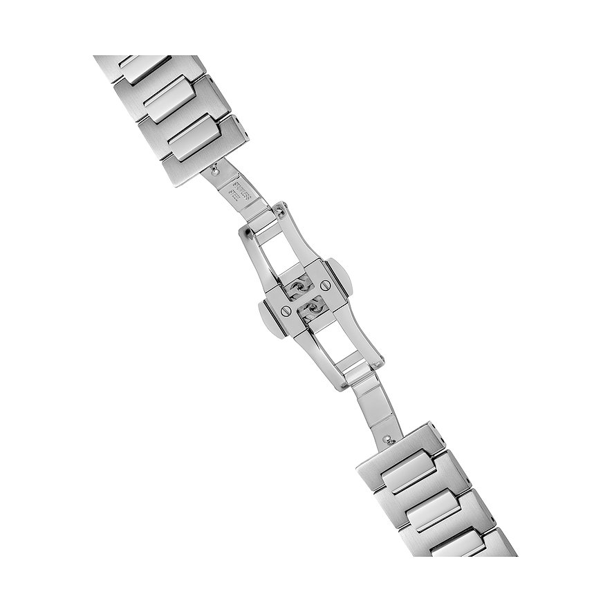 Nahaufnahme der Schließe eines Ingersoll Herrenuhr-Armbands aus Edelstahl auf weißem Hintergrund.