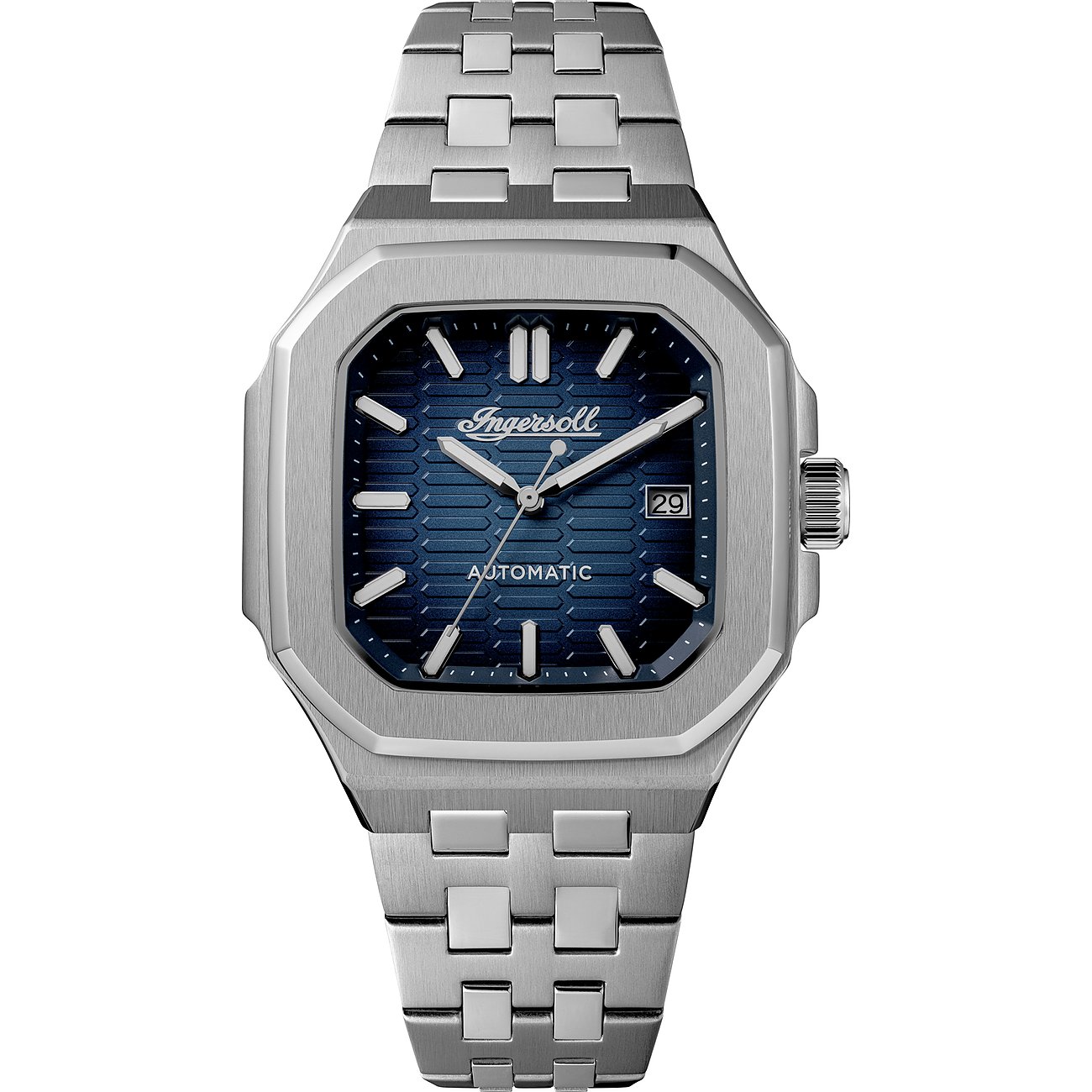 Eine Ingersoll Herrenuhr aus blauem und silberfarbenem Edelstahl mit einem blauen Zifferblatt und Datumsanzeige.