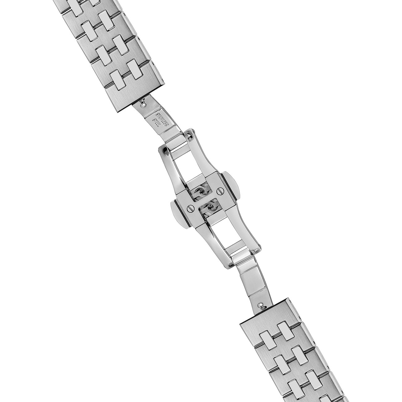 Nahaufnahme einer gefalteten Ingersoll Herrenuhr aus Edelstahl, die die Details des Verschlusses und des Armbands zeigt.