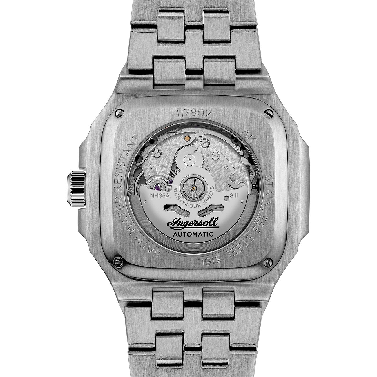 R Hinterseite einer Ingersoll Herrenuhr aus Edelstahl mit sichtbarem Automatikwerk und Armband.