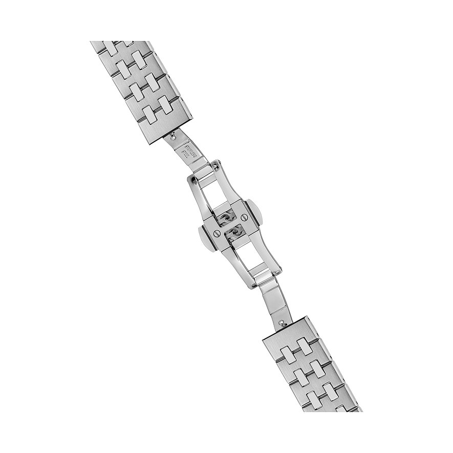 Nahaufnahme der geöffneten Edelstahlfaltschließe eines Ingersoll Herrenuhrenarmbands aus Edelstahl, auf weißem Hintergrund.