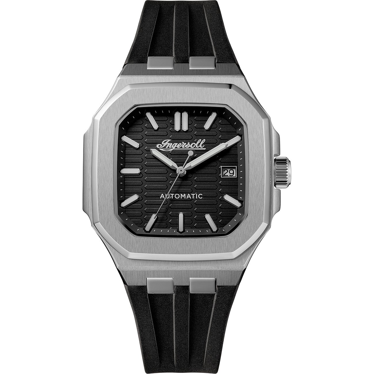 Eine Ingersoll Herrenuhr mit einem achteckigen Edelstahlgehäuse und einem schwarzen Zifferblatt auf weißem Hintergrund.