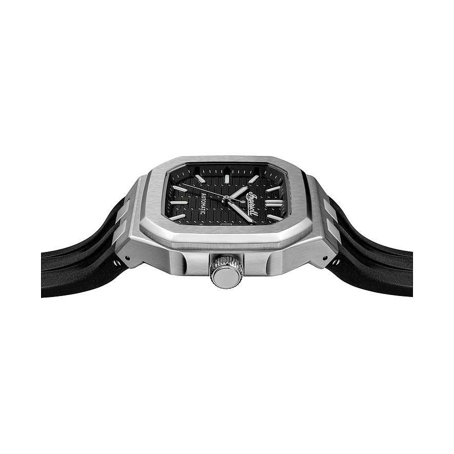 Seitenansicht einer sportlichen Ingersoll Herrenuhr aus Edelstahl mit eckigem Gehäuse und schwarzem Zifferblatt.