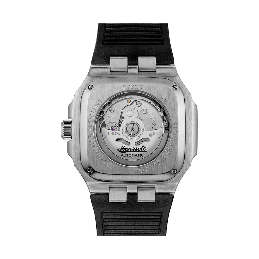 Rückansicht der Ingersoll Herrenuhr aus Edelstahl mit sichtbarem Uhrwerk und schwarzem Armband.