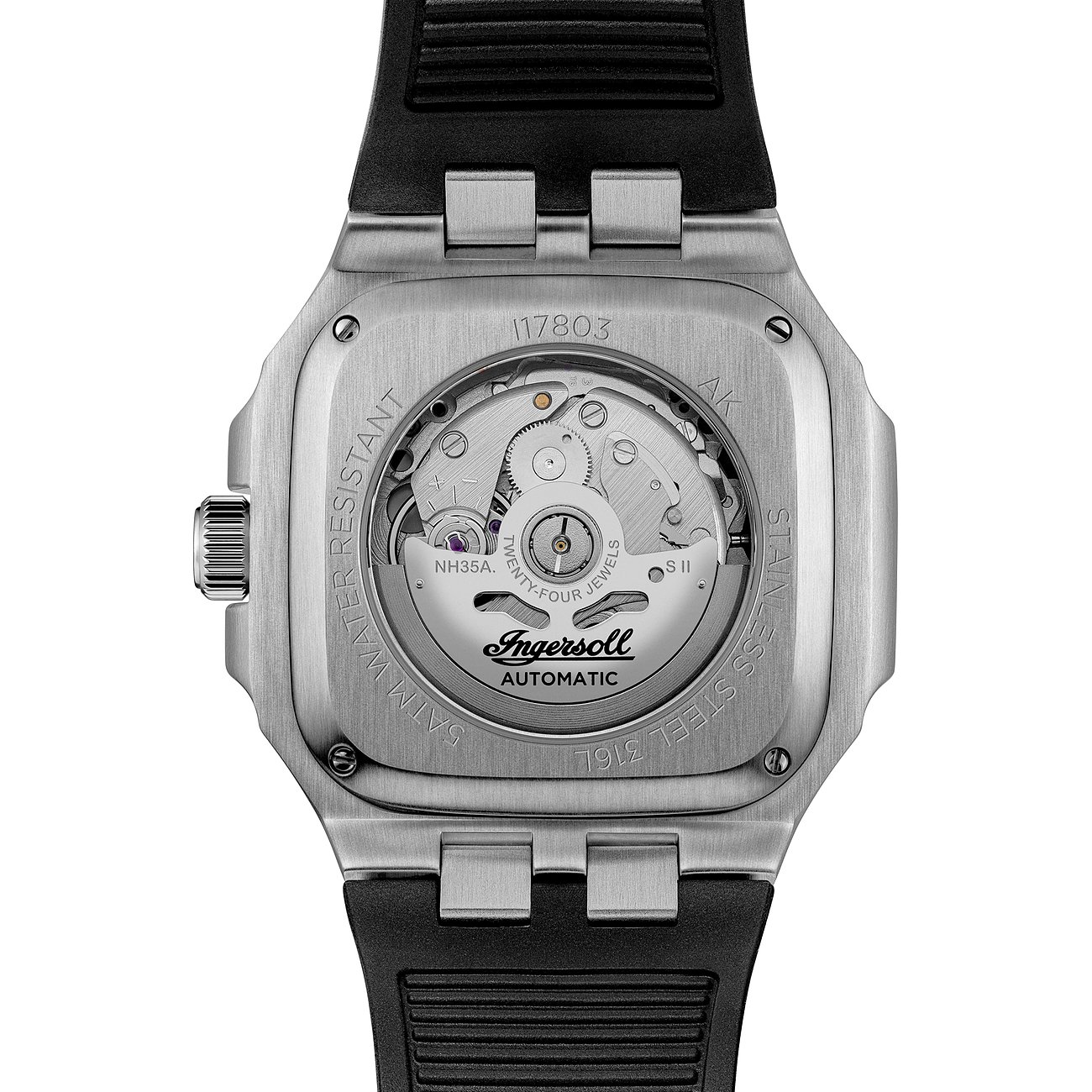 Rückansicht der Ingersoll Herrenuhr aus Edelstahl mit sichtbarem Uhrwerk und schwarzem Armband.