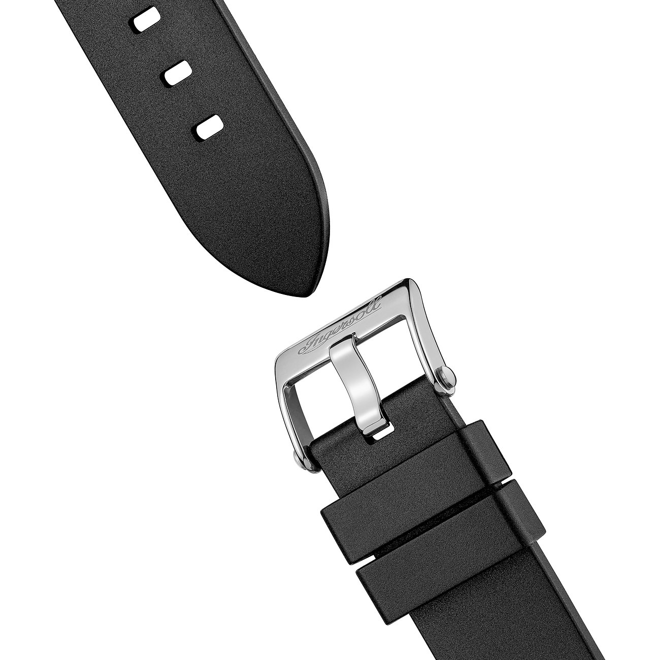 Nahaufnahme der Dornschließe aus Edelstahl der Ingersoll Herrenuhr mit dem schwarzen Armband.