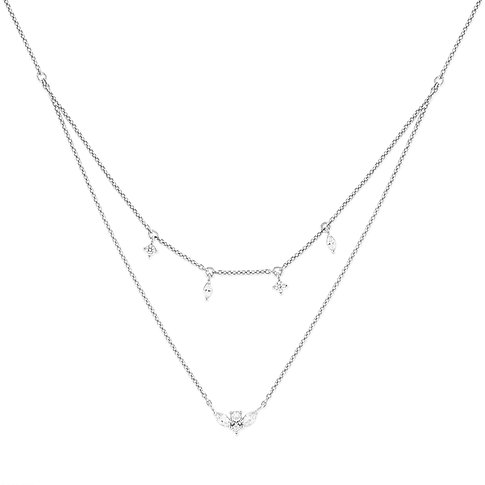 FAVS 925er Silber Halskette mit zwei Kettenlagen, besetzt mit Zirkonia-Farbsteinen in verschiedenen Formen.