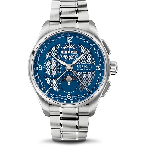 Union Glashütte Herrenuhr aus Edelstahl mit blauem Zifferblatt, drei Hilfszifferblättern und Mondphasenanzeige.