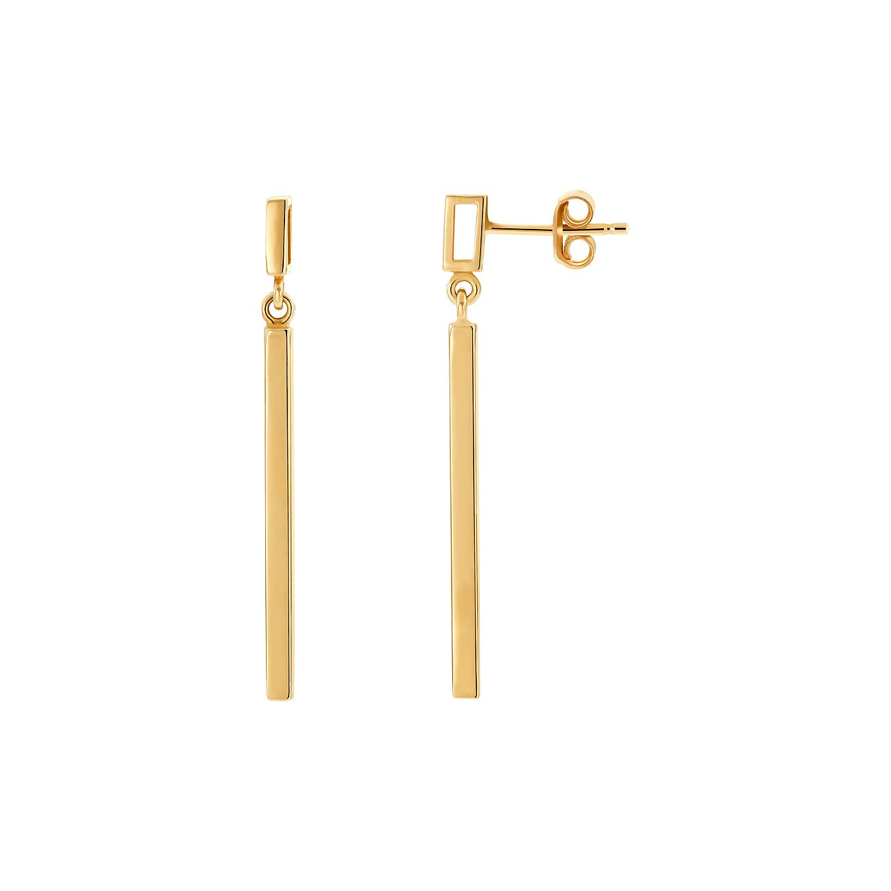 CHRIST Ohrschmuck aus 585 Gelbgold als Stäbchen-Ohrringe, ein hängendes Stäbchen und ein Ohrstecker mit offenem Rechteck.