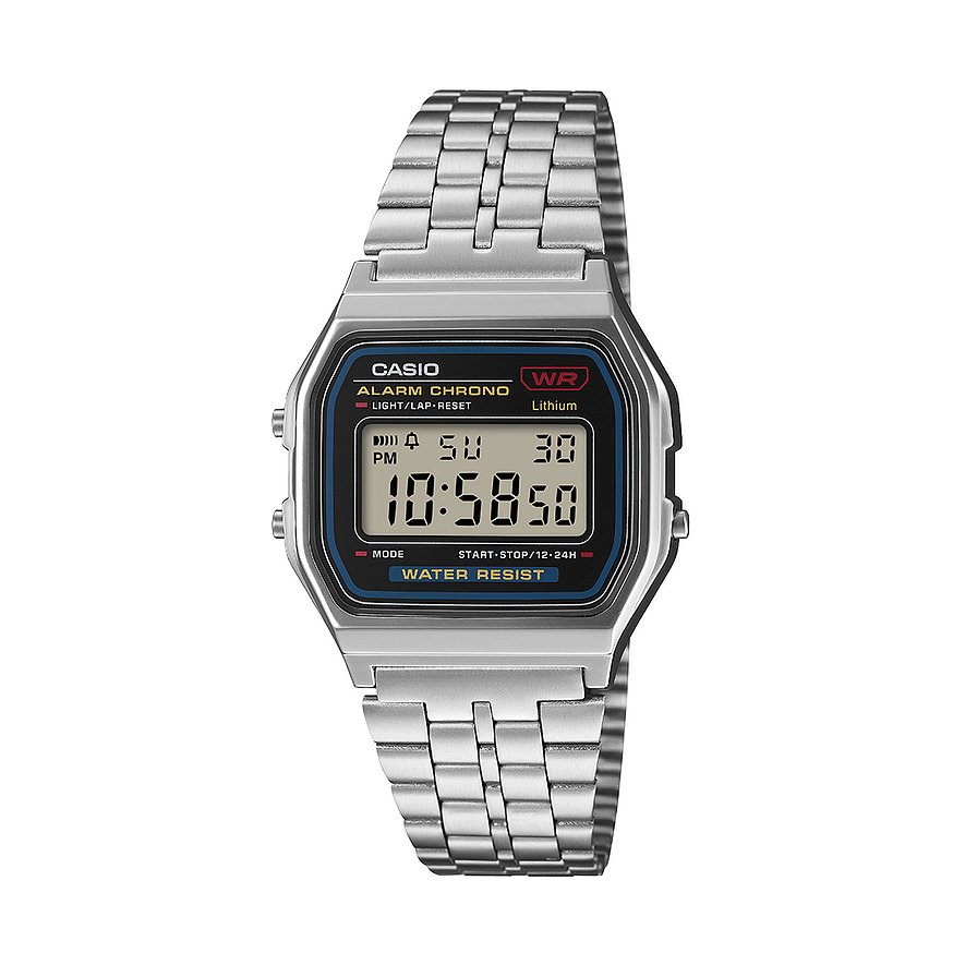 Casio Unisexuhr mit silberfarbenem Resin-Gehäuse und passendem Gliederarmband, digitaler Anzeige und schwarzen Akzenten.