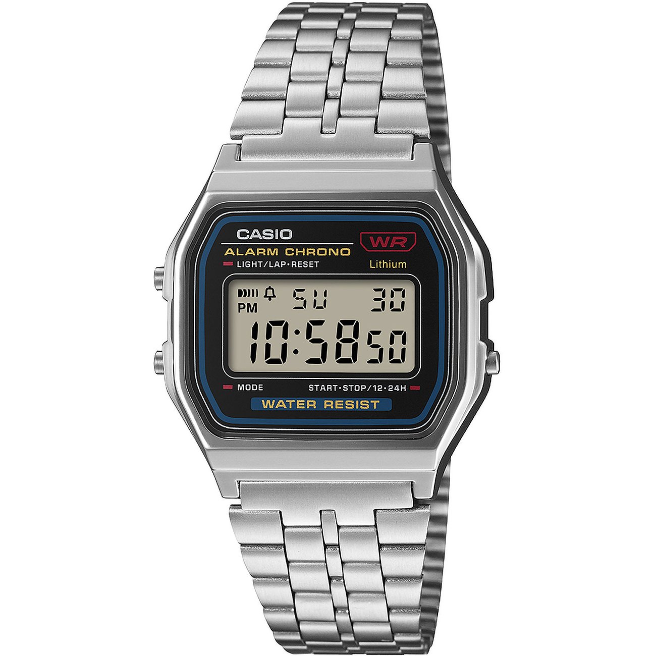 Casio Unisexuhr mit silberfarbenem Resin-Gehäuse und passendem Gliederarmband, digitaler Anzeige und schwarzen Akzenten.