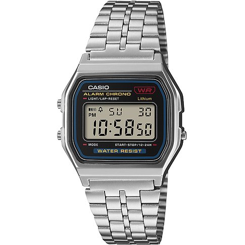 Casio Unisexuhr mit silberfarbenem Resin-Gehäuse und passendem Gliederarmband, digitaler Anzeige und schwarzen Akzenten.