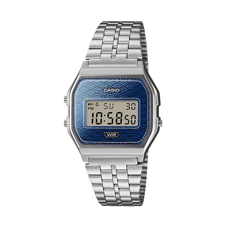 Casio Unisexuhr aus Resin mit silberfarbenem Armband und blauem Zifferblatt mit Wellenmuster.