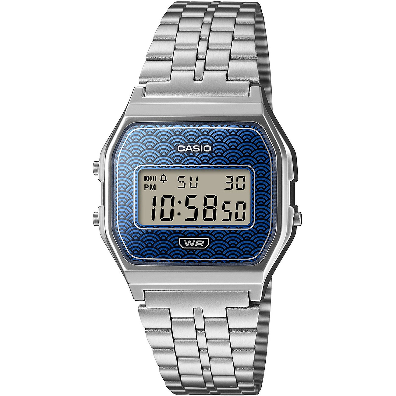 Casio Unisexuhr aus Resin mit silberfarbenem Armband und blauem Zifferblatt mit Wellenmuster.