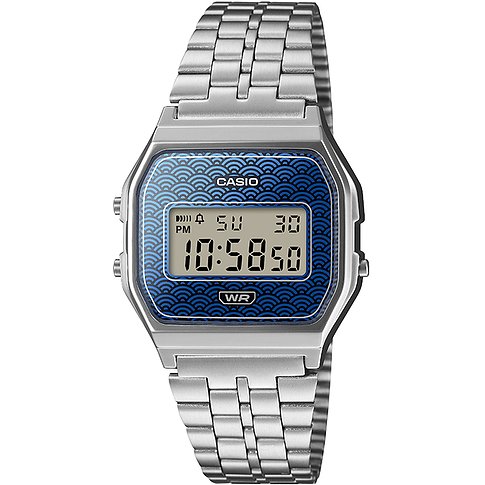 Casio Unisexuhr aus Resin mit silberfarbenem Armband und blauem Zifferblatt mit Wellenmuster.