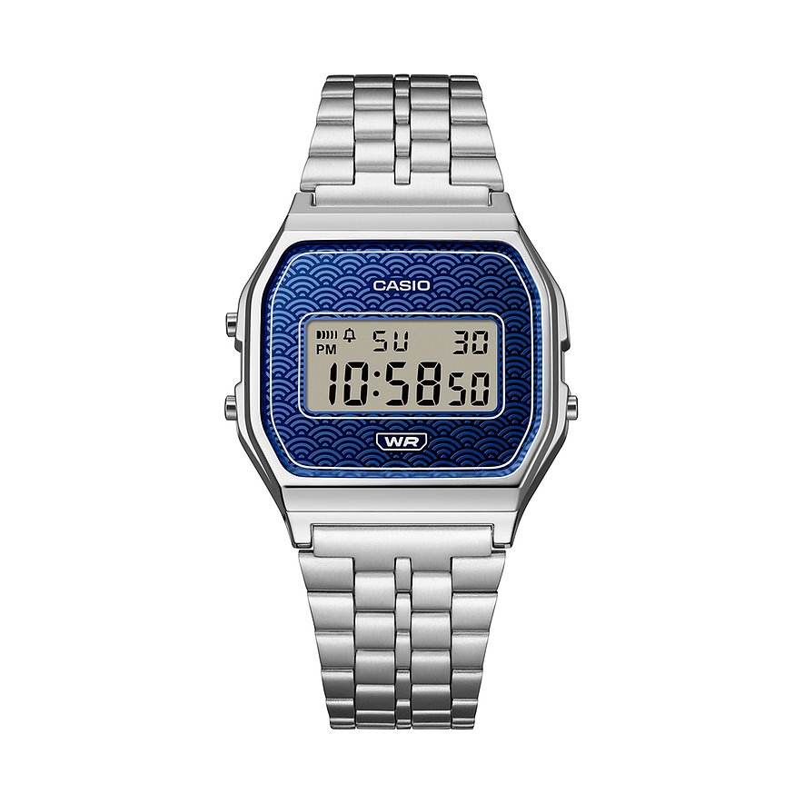 Die Casio Unisexuhr, ein Resinmodell mit digitaler Anzeige und blauem Zifferblatt, wird von oben gezeigt.