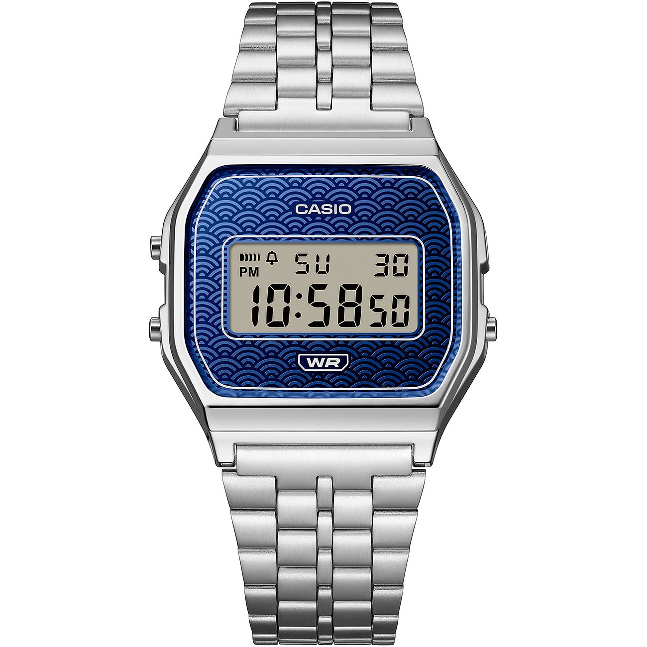Die Casio Unisexuhr, ein Resinmodell mit digitaler Anzeige und blauem Zifferblatt, wird von oben gezeigt.
