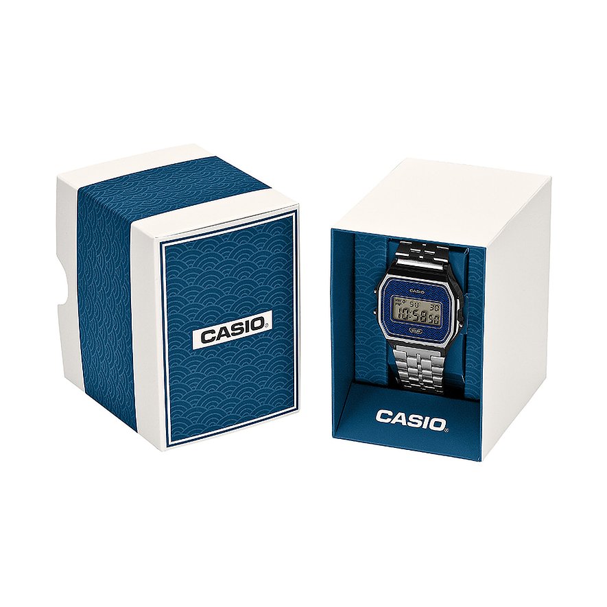 Eine Casio Unisex Digitaluhr aus Resin in einer geöffneten Geschenkbox mit blauen Wellenmustern.