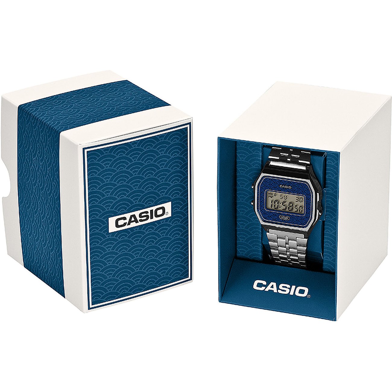 Eine Casio Unisex Digitaluhr aus Resin in einer geöffneten Geschenkbox mit blauen Wellenmustern.