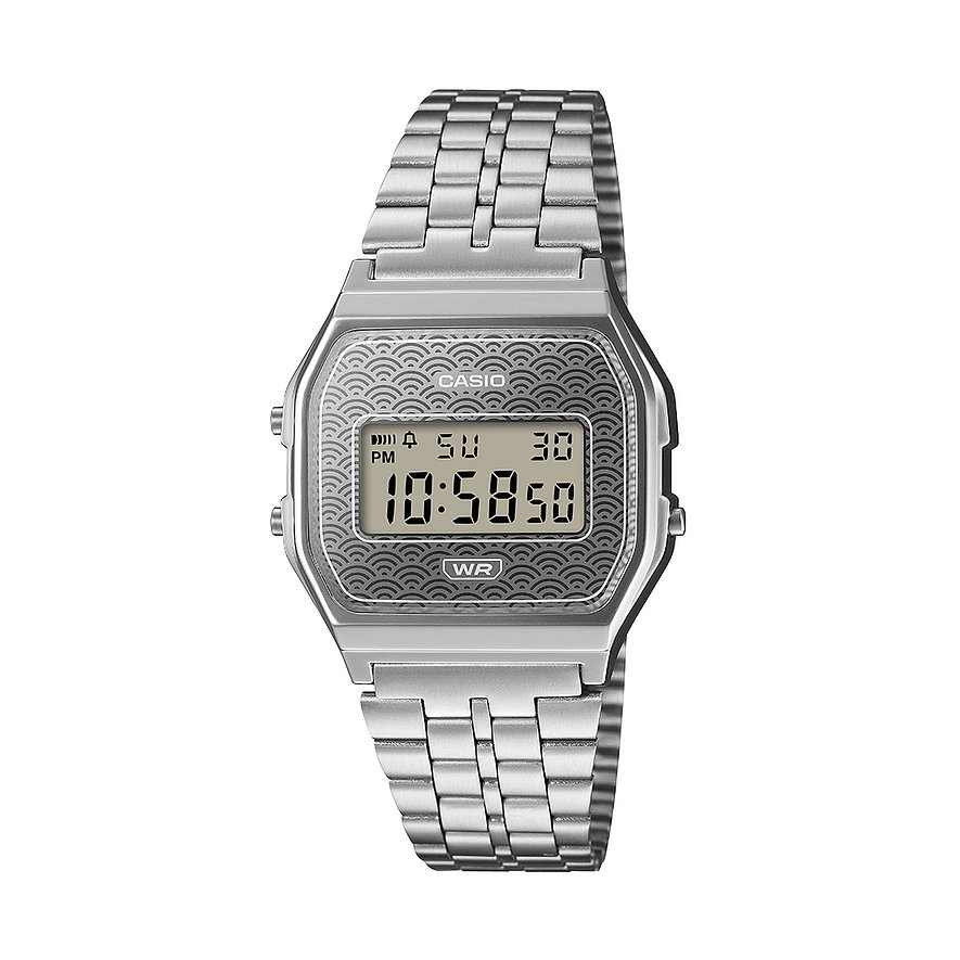 Casio Unisexuhr aus resinartigem Material in Silber mit Digitalanzeige und Wellenmuster auf dem Zifferblatt.