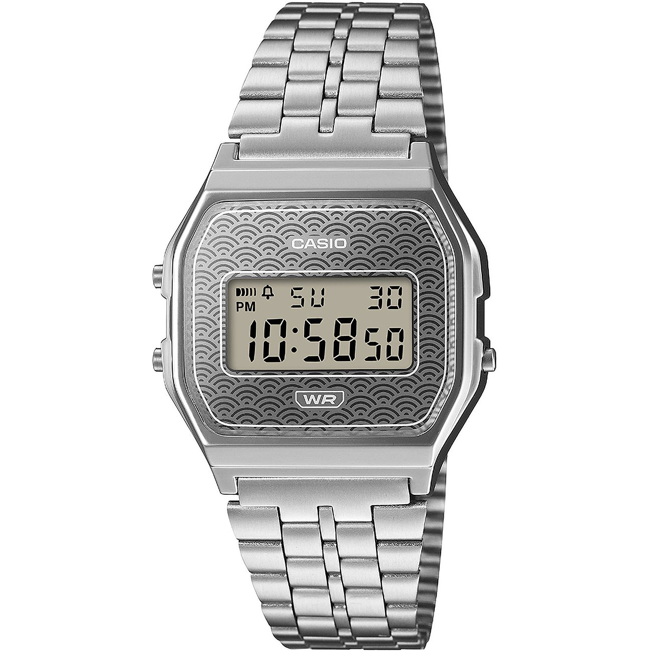 Casio Unisexuhr aus resinartigem Material in Silber mit Digitalanzeige und Wellenmuster auf dem Zifferblatt.