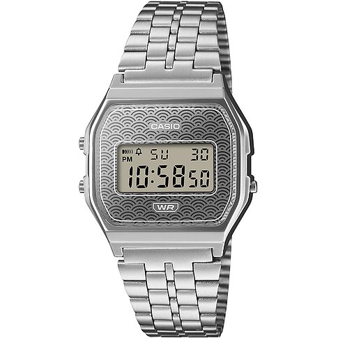 Casio Unisexuhr aus resinartigem Material in Silber mit Digitalanzeige und Wellenmuster auf dem Zifferblatt.