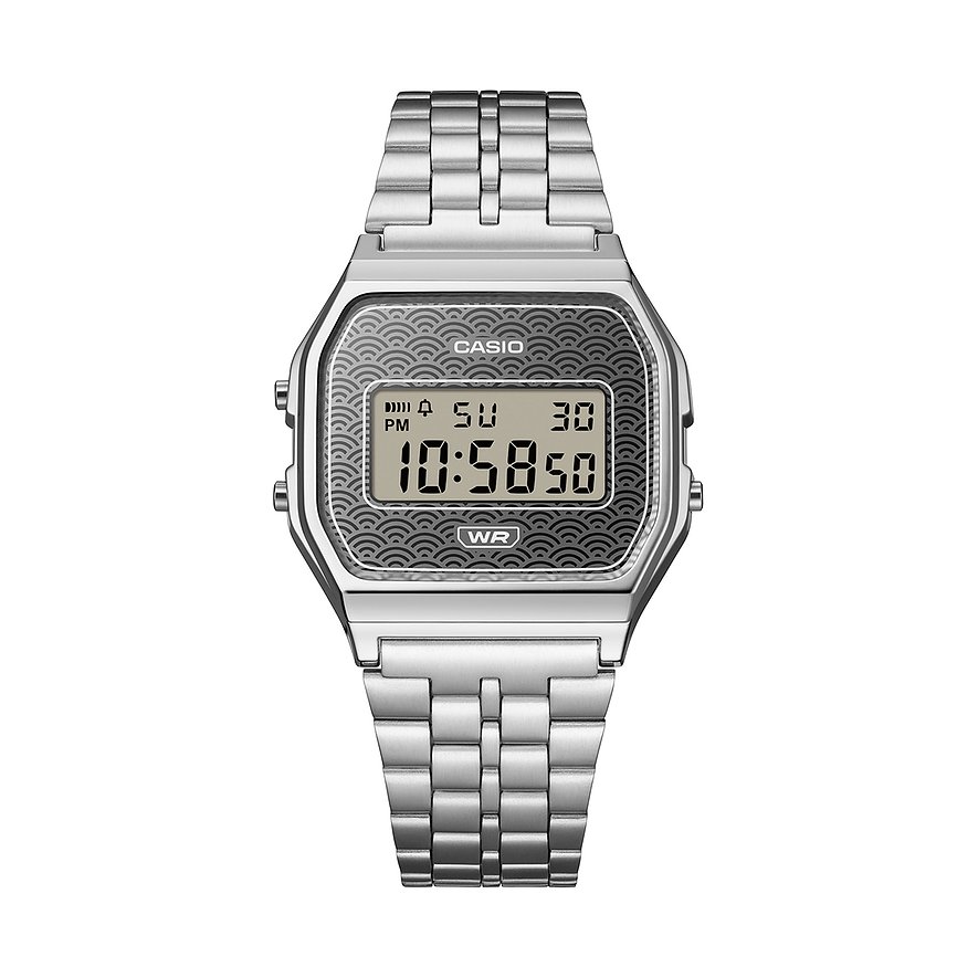 Casio Unisexuhr mit silberfarbenem Resin-Gehäuse, Digitalanzeige und einem schwarzen Zifferblatt mit Muster.