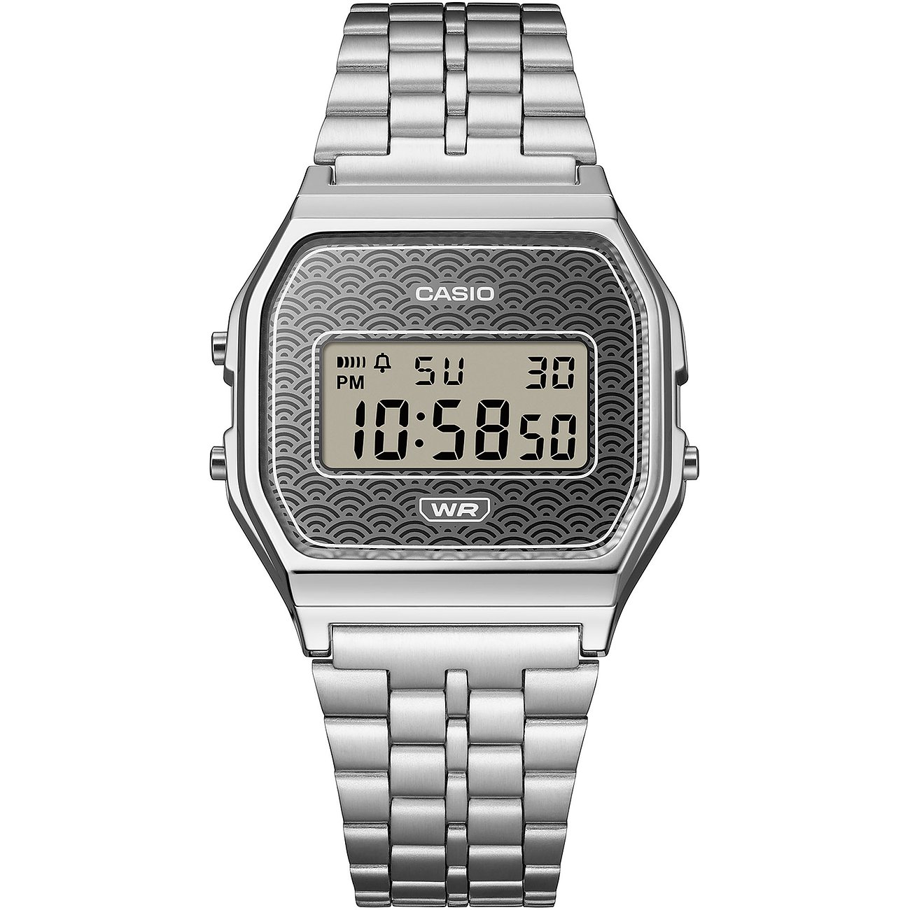 Casio Unisexuhr mit silberfarbenem Resin-Gehäuse, Digitalanzeige und einem schwarzen Zifferblatt mit Muster.