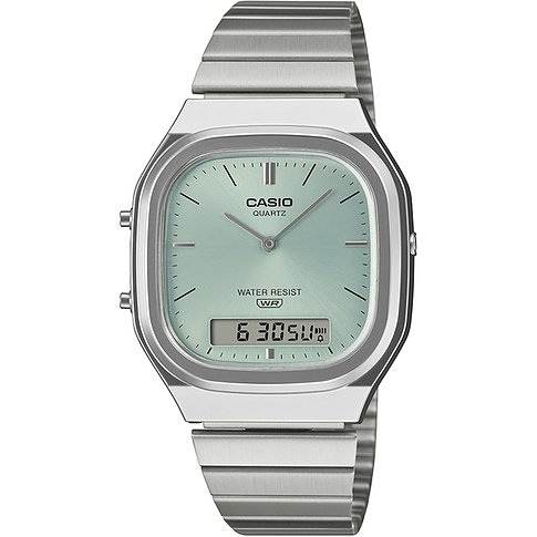 Casio Unisexuhr mit mintgrünem Zifferblatt und digitaler Anzeige, Gehäuse aus silberfarbenem Resin