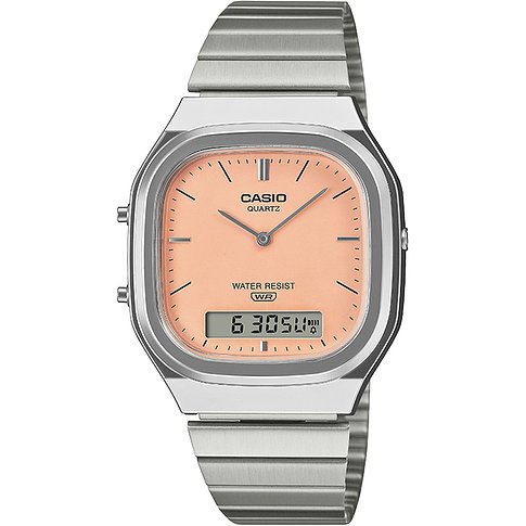 Casio Unisexuhr mit roséfarbenem Zifferblatt, analoger/digitaler Anzeige, glänzendem Edelstahlgehäuse und Armband.