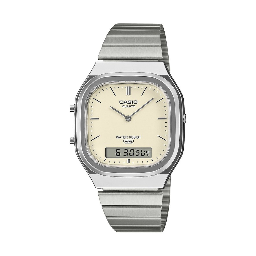 Casio Unisexuhr mit silbernem Resin-Armband und einem eckigen Gehäuse mit cremfarbenem Zifferblatt.