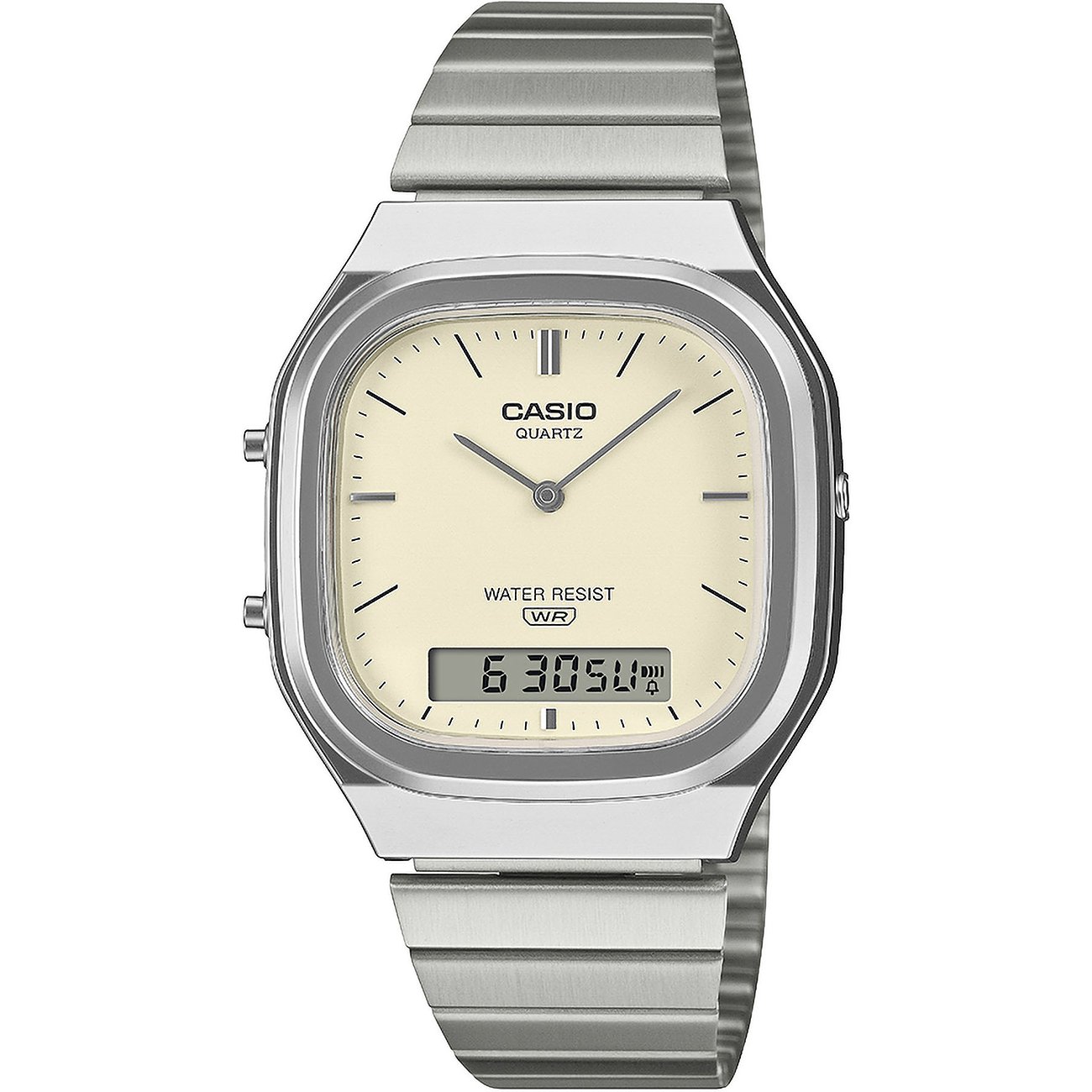 Casio Unisexuhr mit silbernem Resin-Armband und einem eckigen Gehäuse mit cremfarbenem Zifferblatt.